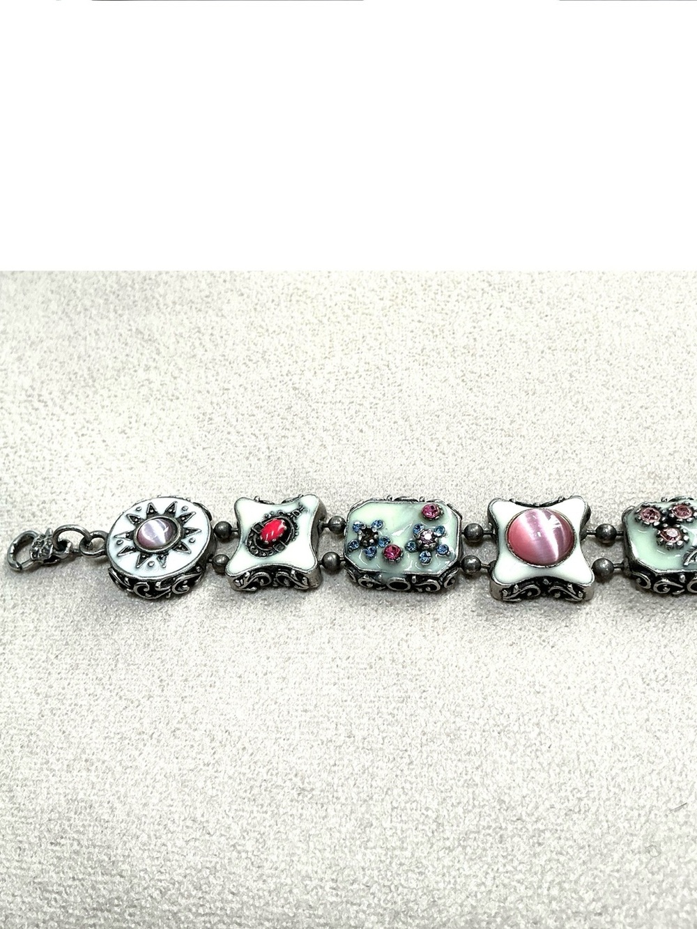 Silver-Tone Pink and Turquoise Enamel Bracelet with Floral Accents